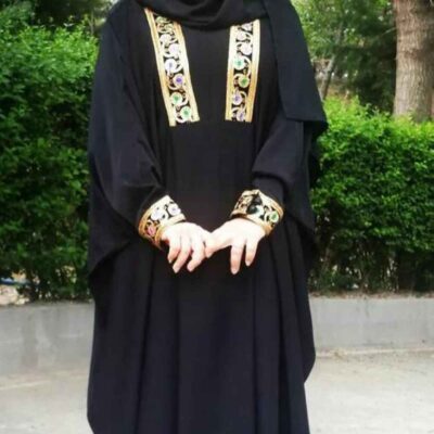 Traditional Black Butterfly Abaya in Soft Crepe with Floral Details