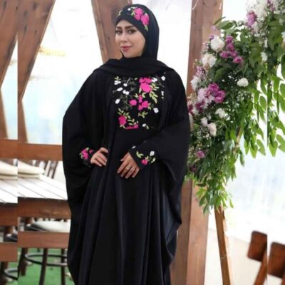 Elegant Black Butterfly Abaya in Soft Crepe with Floral Details