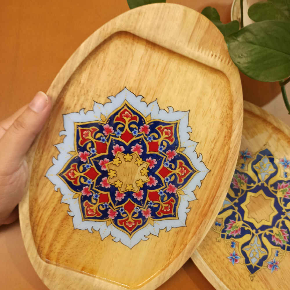 Ethnic Wooden Tea Serving Tray – Tazhib Floral Design