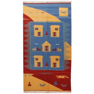 Qajari Blue Animal Motif Kilim Rug – Handwoven Fars Wool