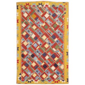 Traditional Ata Yellow Geometric Kilim Rug – Fars Wool & Cotton Blend