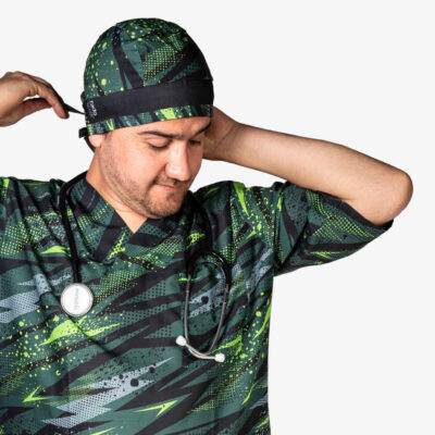 Modern Men's Green Medical Scrub Top & Cap Set – Durable Professional Healthcare Uniform