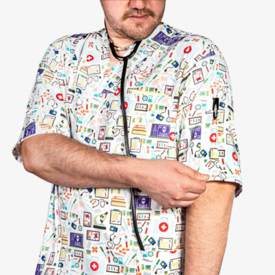 Modern Men's White Nursing Scrub Top & Cap Set – Comfortable Professional Medical Uniform