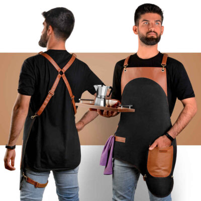 Modern Artificial Leather & Fabric Barista Apron – Stylish Durable Coffee Shop Work Apron
