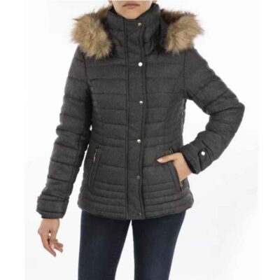 Women's Hooded Puffer Jacket with Long Sleeves and Zipper Front