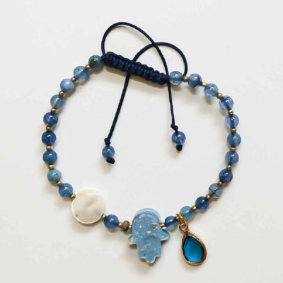 Women's Silver Beaded Bracelet with Blue Hamsa Design – Bohemian Jewelry