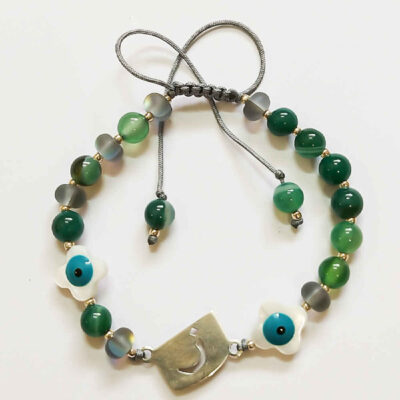 Persian Silver Beaded Bracelet with Agate & Evil Eye Letter Design – Traditional Jewelry