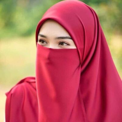 Red Islamic Square Scarf & Half Niqab Set for Women