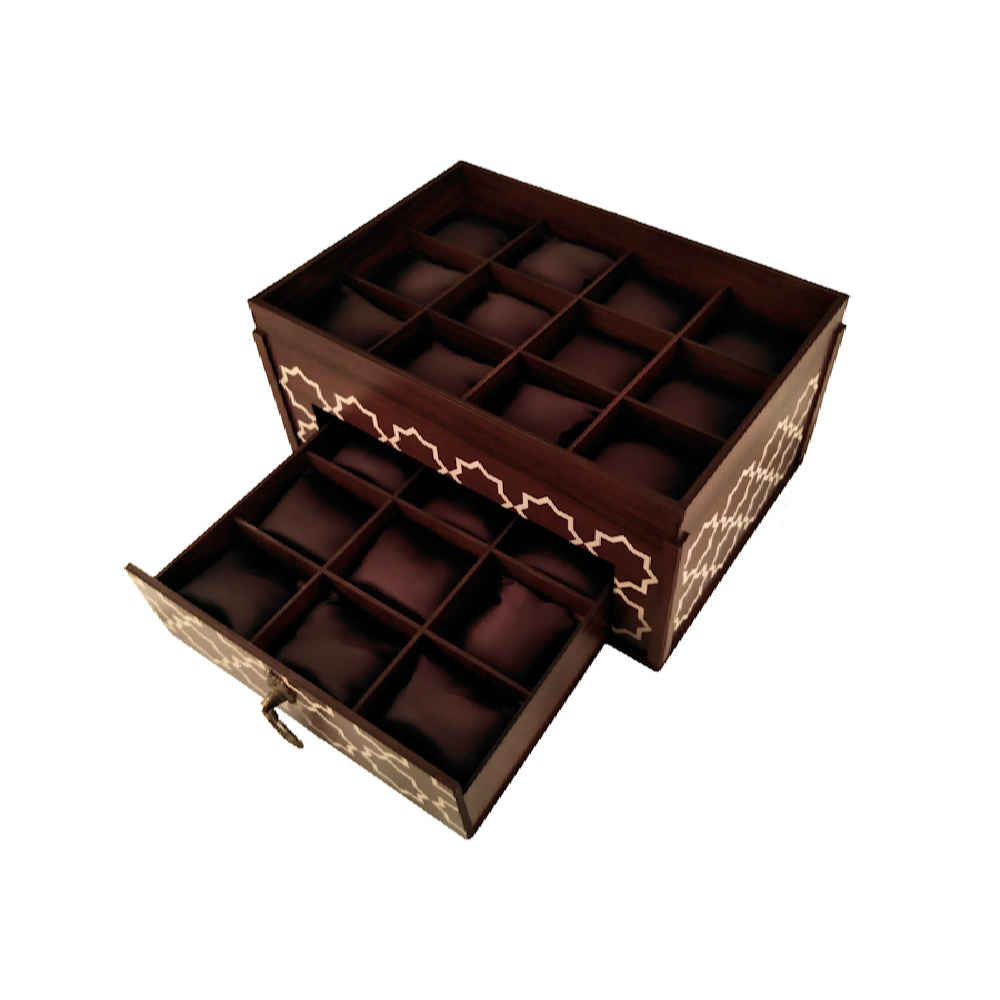 2-Tier Wooden Watch Box with Geometric Design – 21 Slots