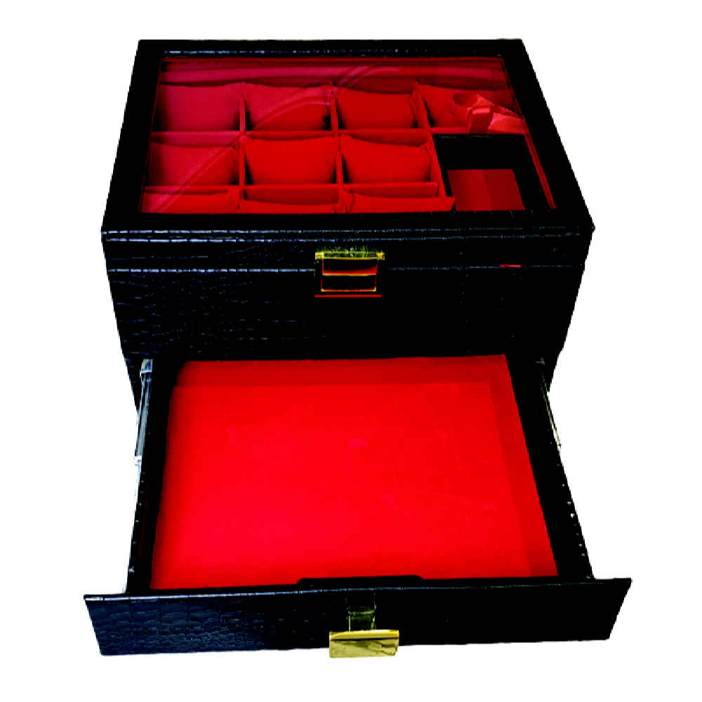 2-Tier Watch and Jewelry Box with Synthetic Leather and Suede Lining
