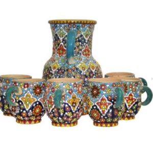 Set of Handcrafted Persian Pottery Pitcher & Cups – Minakari Enameled Roya