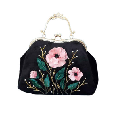 Ribbon Embroidery Clutch Handbag - Velvet with Flower Bead Detail