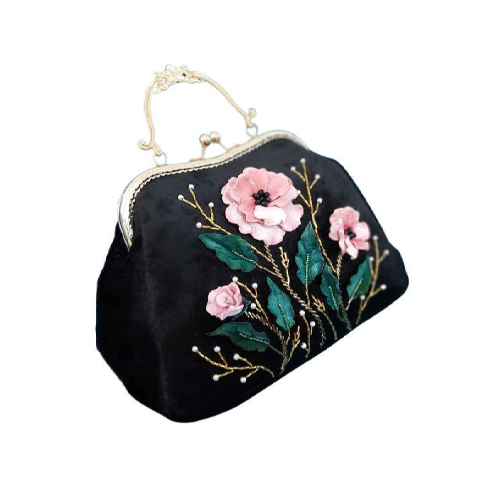 Ribbon Embroidery Clutch Handbag – Velvet with Flower Bead Detail