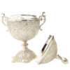 Decorative Persian Filigree Silver-Coated Trumpet Vases and Bowl, Showcasing Traditional Floral Artistry