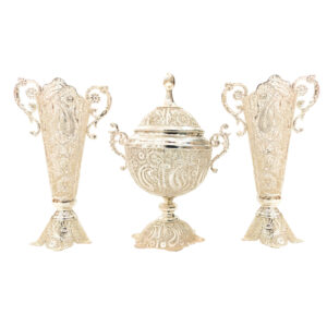 Decorative Persian Filigree Silver-Coated Trumpet Vases and Bowl, Showcasing Traditional Floral Artistry