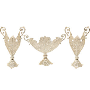 Decorative Persian Filigree Silver-Coated Vases and Bowl, Featuring a Traditional Floral Design in a Trumpet Shape