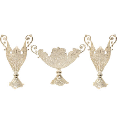 Decorative Persian Filigree Silver-Coated Vases and Bowl, Featuring a Traditional Floral Design in a Trumpet Shape