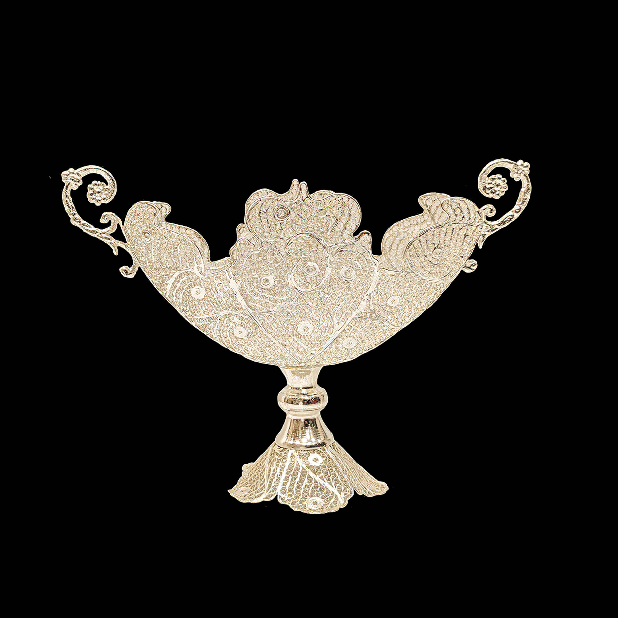 Decorative Persian Filigree Silver-Coated Vases and Bowl, Featuring a Traditional Floral Design in a Trumpet Shape