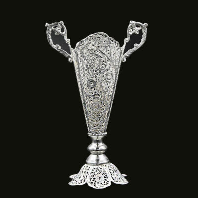 Decorative Persian Filigree Silver-Coated Trumpet Vase, Featuring the Ermia Design with Classic Floral Patterns