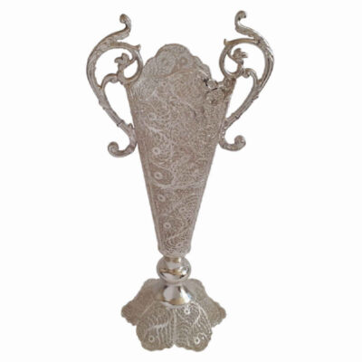 Decorative Persian Filigree Silver-Coated Trumpet Vase, Featuring the Jami Design with Traditional Floral Ornamentation