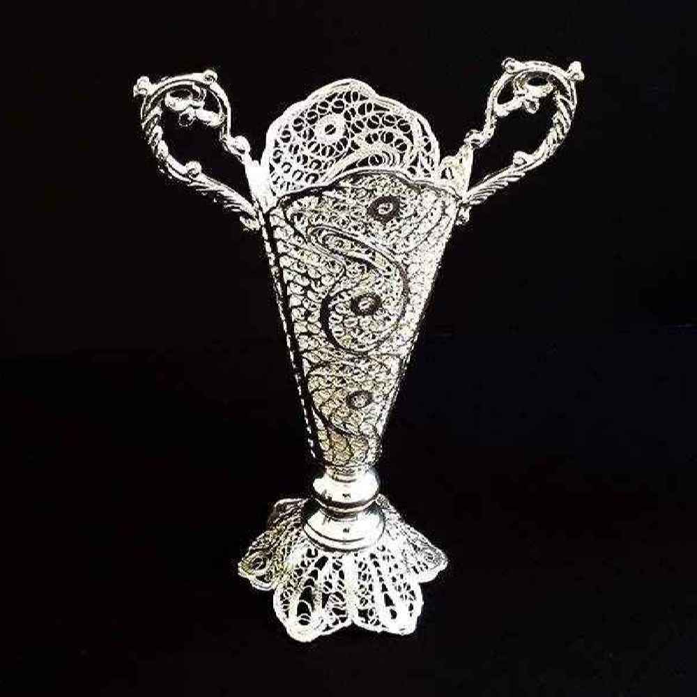 Decorative Persian Filigree Silver-Coated Trumpet Vase, Featuring the Jami Design with Traditional Floral Ornamentation