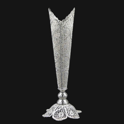 Decorative Persian Filigree Silver-Coated Trumpet Vase, Featuring the Malileh Design with Intricate Floral Details