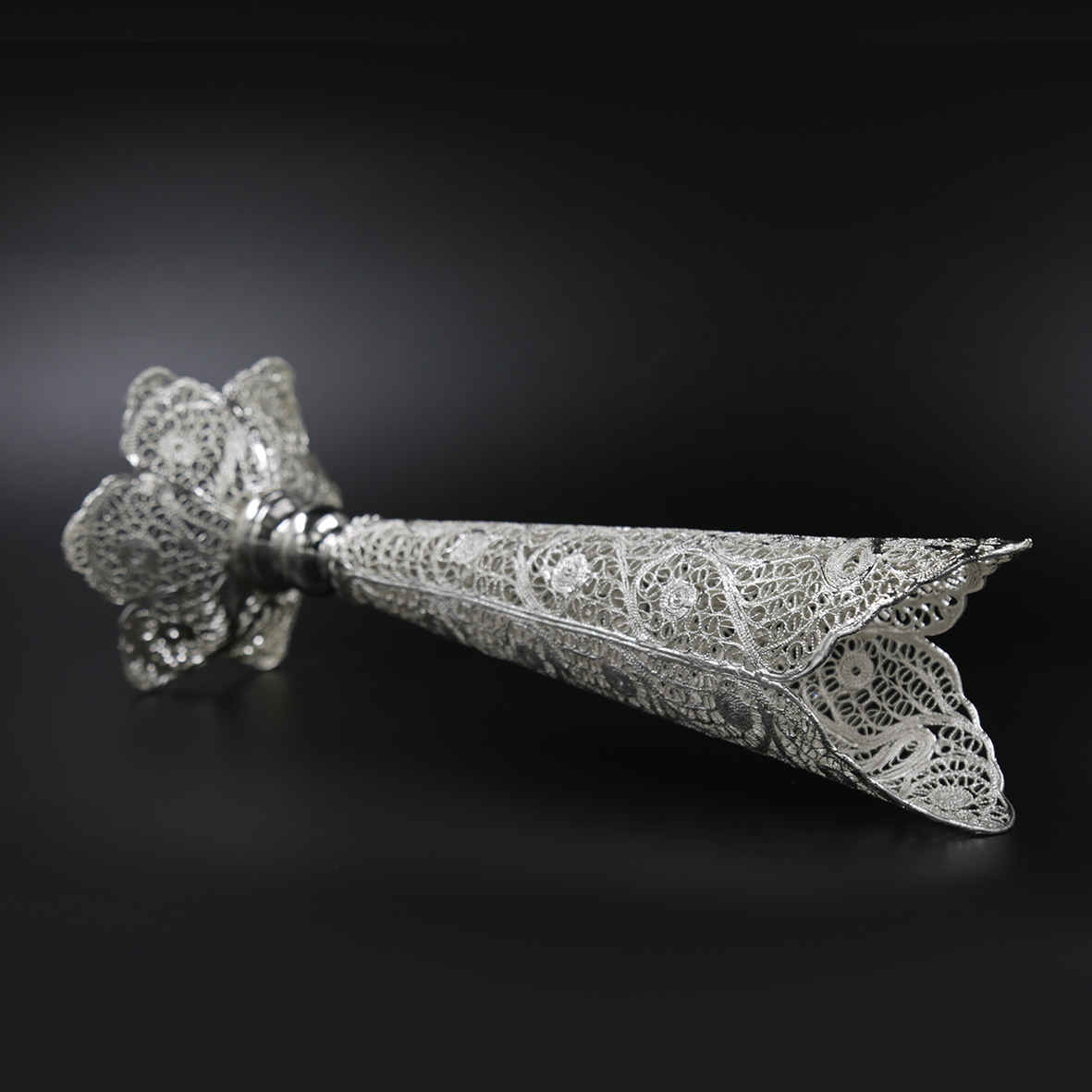 Decorative Persian Filigree Silver-Coated Trumpet Vase, Featuring the Malileh Design with Intricate Floral Details