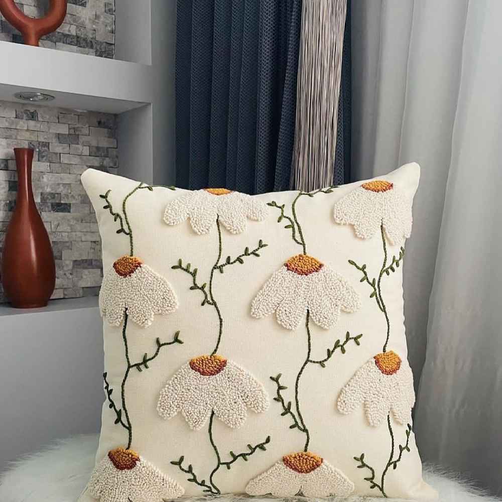 Punch Needle Cushion Cover – Embroidered White Chamomile Design
