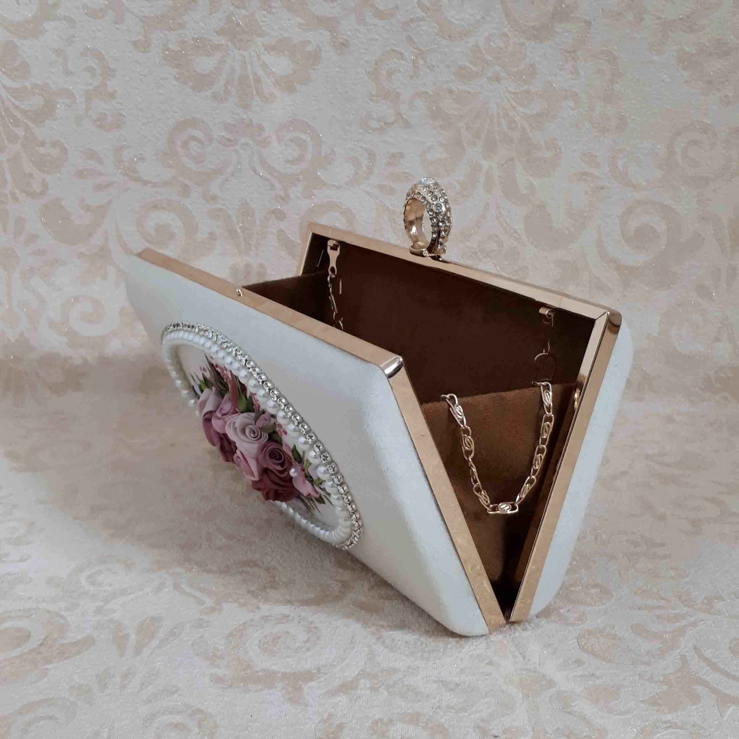 Ribbon Embroidery Clutch Handbag with Floral Detail for Evening Party