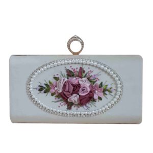 Ribbon Embroidery Clutch Handbag with Floral Detail for Evening Party
