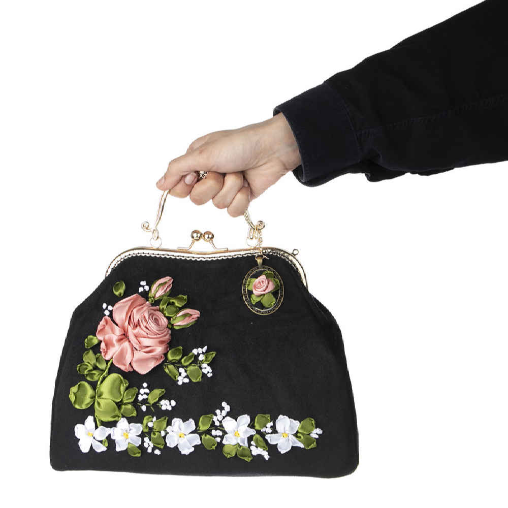 Ribbon Embroidery Clutch Handbag – Velvet with Tiara Design