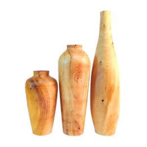 Set of Three Handcrafted Decorative Wooden Vases, Made from Natural Solid Wood with the Fatah Design for Artistic Flair