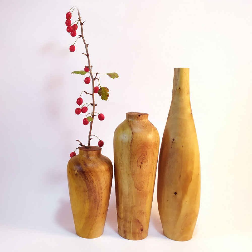Set of Three Handcrafted Decorative Wooden Vases, Made from Natural Solid Wood with the Fatah Design for Artistic Flair