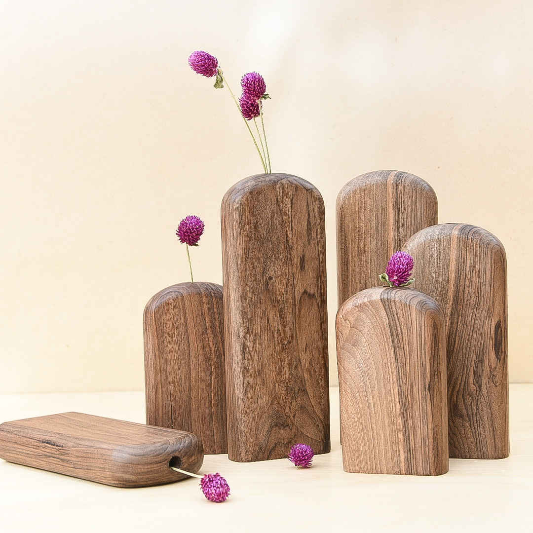 Set of Three Handcrafted Decorative Wooden Single Stem Vases, Making an Aesthetic Gift for Art and Nature Lovers