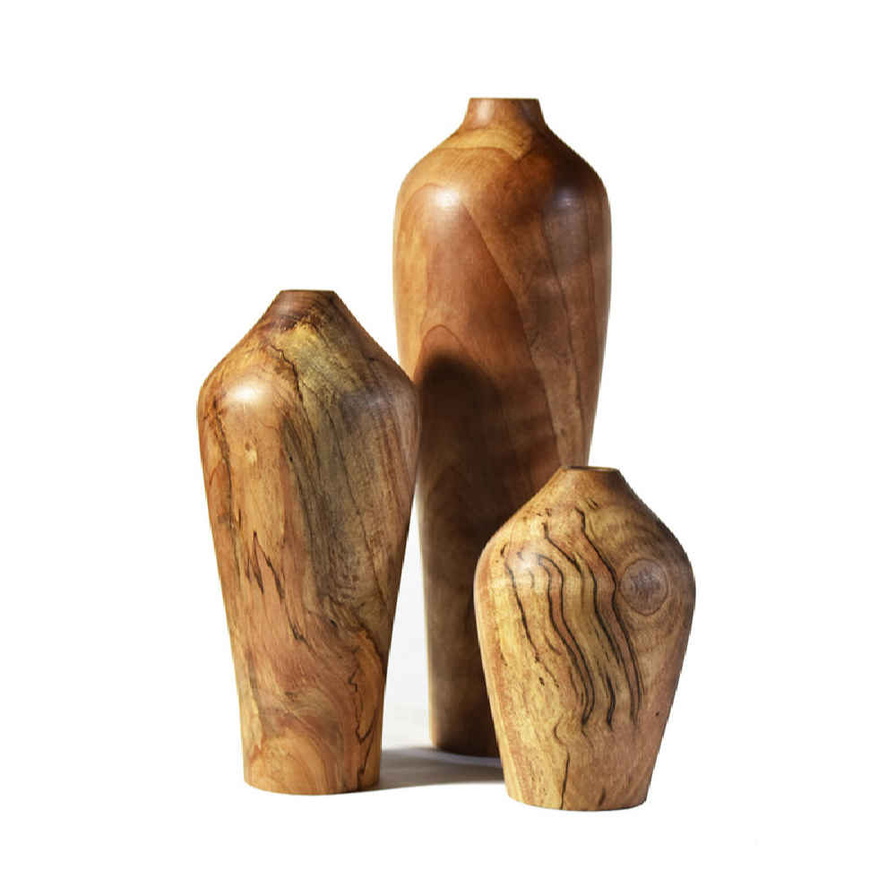 Set of Three Handcrafted Decorative Wooden Vases, Made from Natural Solid Wood with the Melanie Design for a Refined Look