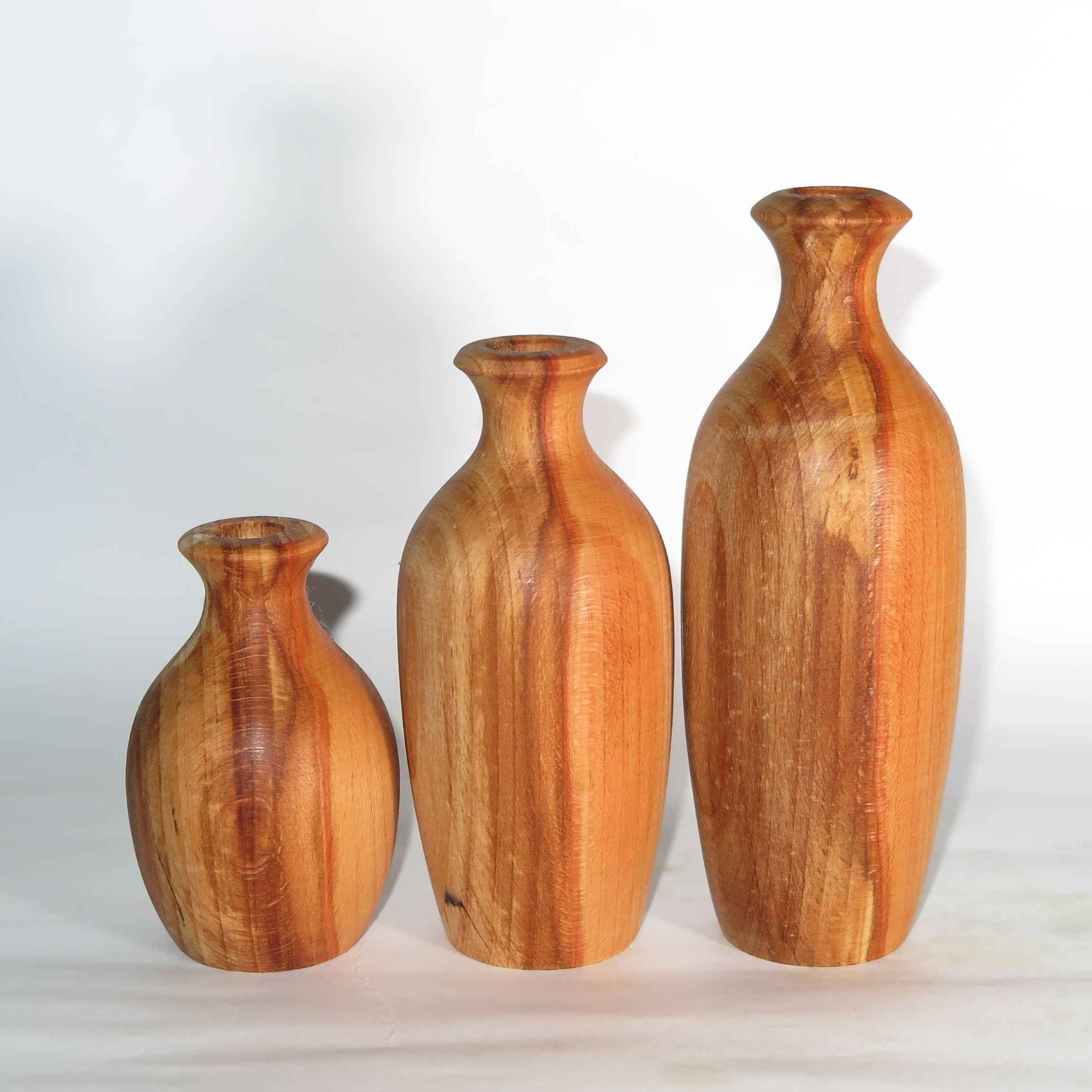 Set of Three Handcrafted Decorative Wooden Vases, Made from Natural Solid Wood with the Roya Design for Elegant Styling