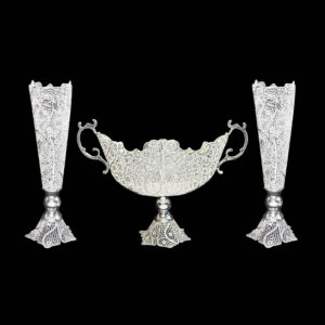 Set of Three Decorative Persian Filigree Silver-Coated Vases and Bowl, Offering Traditional Elegance for Any Setting