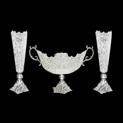 Set of Three Decorative Persian Filigree Silver-Coated Vases and Bowl, Offering Traditional Elegance for Any Setting