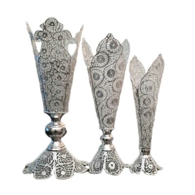 Set of Three Decorative Persian Filigree Silver-Coated Trumpet Vases, Featuring the Shima Design for a Coordinated Display