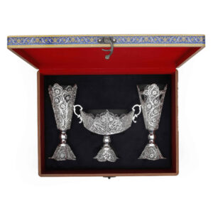 Set of Three Decorative Persian Filigree Silver-Coated Vases and Bowl, Featuring the Fakher Design for a Regal Look