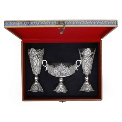 Set of Three Decorative Persian Filigree Silver-Coated Vases and Bowl, Featuring the Fakher Design for a Regal Look