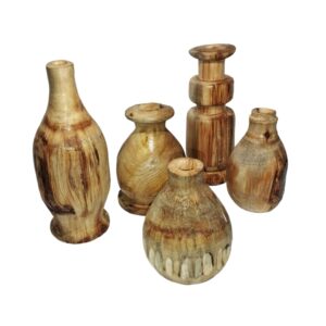 Set of Five Handcrafted Decorative Wooden Bud Vases, Made from Natural Solid Wood for a Cohesive Minimalist Display
