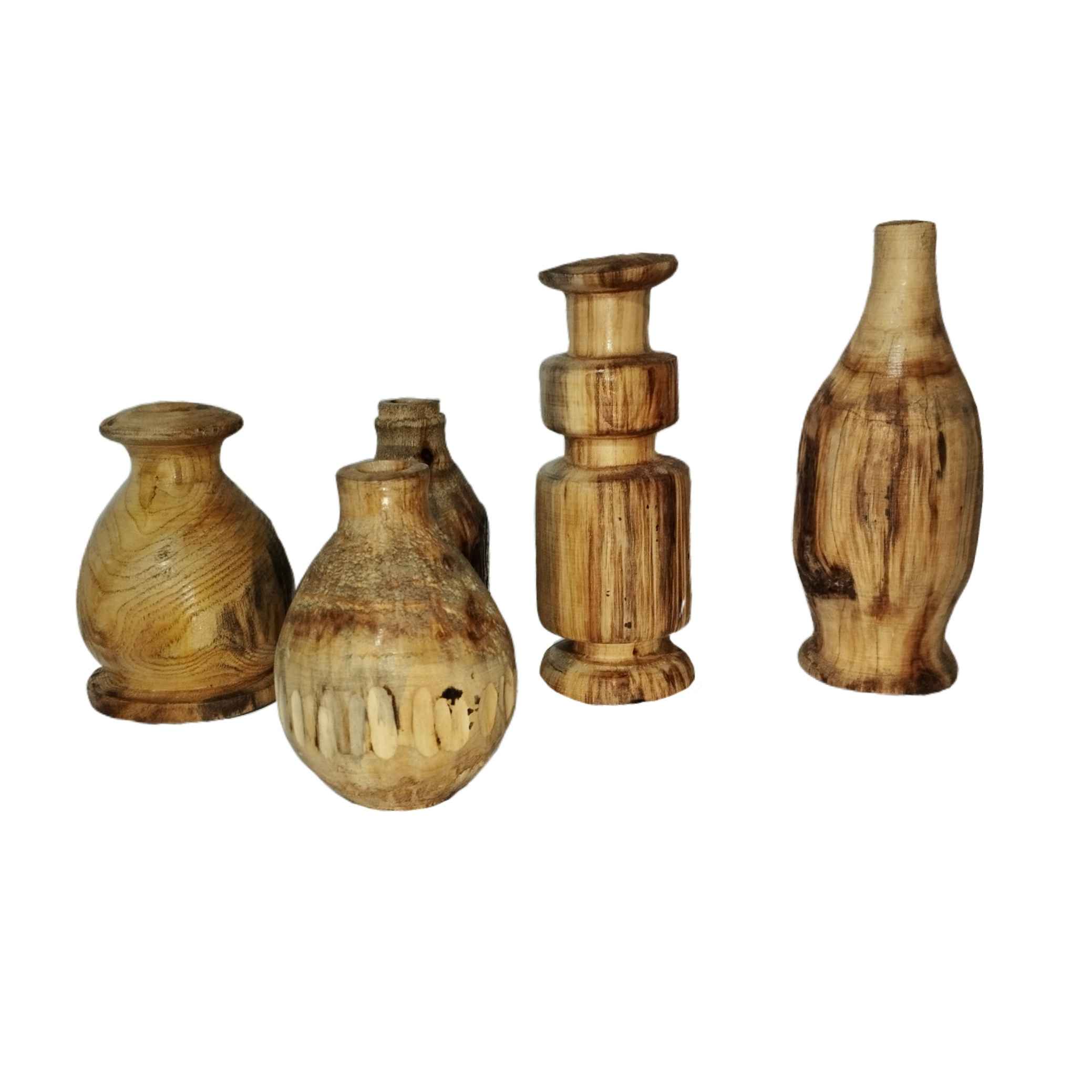 Set of Five Handcrafted Decorative Wooden Bud Vases, Made from Natural Solid Wood for a Cohesive Minimalist Display