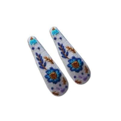 Cute Drop-Shaped Snap Hair Clips with Blue Flower Design – Hand-Embroidered Cotton Hair Accessories