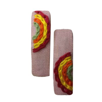 Cute Rectangular Snap Hair Clips with Rainbow Design – Hand-Embroidered Cotton Hair Accessories