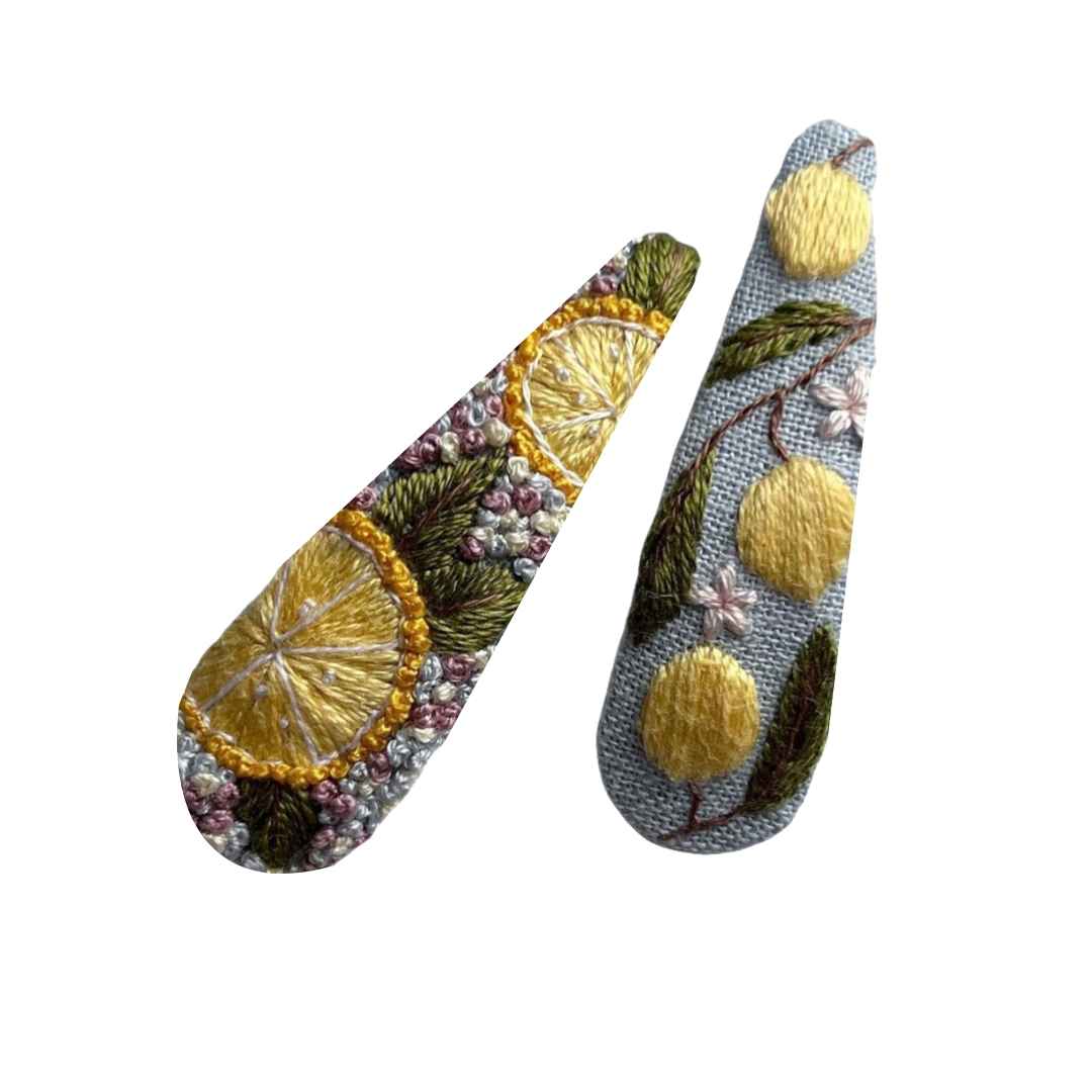 Snap Hair Clip Set with Hand-Embroidered Lemon Design