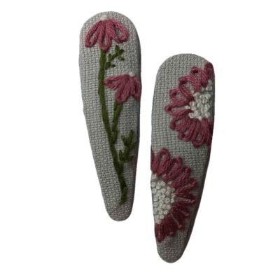 Cute Hand-Embroidered Purple Flower Snap Hair Clips – Cotton Hair Accessories for Girls