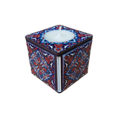 Persian Wooden Cube Tealight Candle Holder, Artistic Tile Design, Minimalist Tabletop Candle Stand