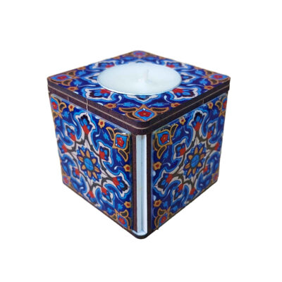 Persian Wooden Cube Tealight Candle Holder, Yasna Tile Design, Minimalist Decorative Candle Stand
