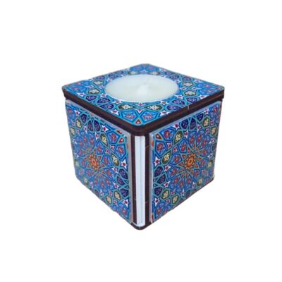 Persian Wooden Cube Tealight Candle Holder, Artistic Tile Design, Minimalist Tabletop Décor